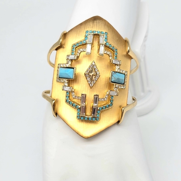 Alexis Bittar Phoenix Deco Gold Lucite Swarovski Crystal + Turquoise Cuff - Picture 7 of 14